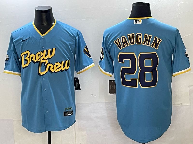 Men 2025 Milwaukee Brewers #28 Vaughn Light blue City Edition Nike MLB Jersey 01